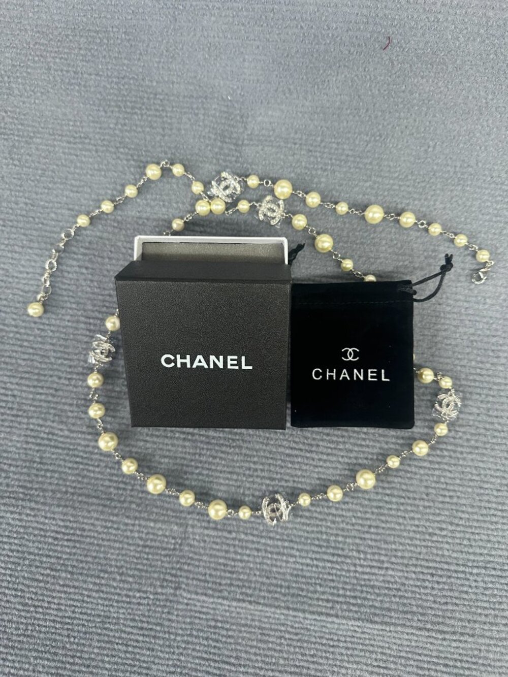 CHANEL Pearl Long Station Necklace Crystal CC Logo Stations With Dust Bag